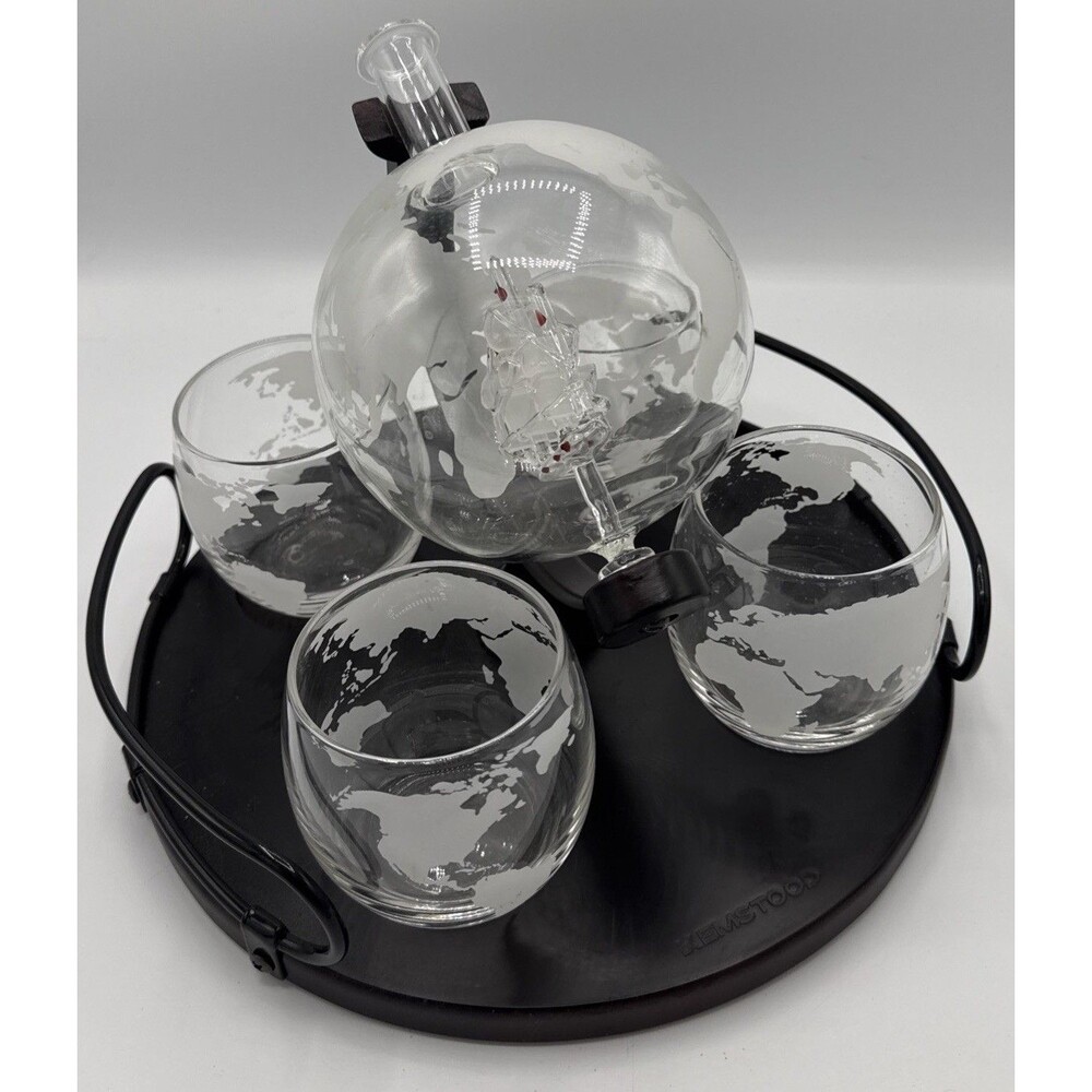 Kemstood Whiskey Globe Glass Decanter Ship In A Bottle W/4 Glasses/Tray Earth